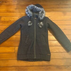 Women's Gray Hooded Jacket with Faux Fur Trim